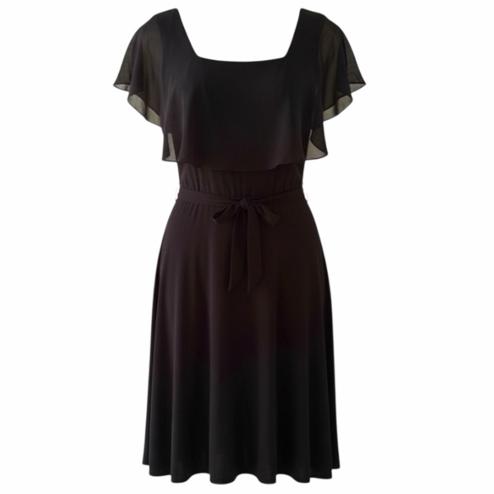 Kenzie Black Square Neck Short Flutter Sleeve Tie Waist Dress Size Medium